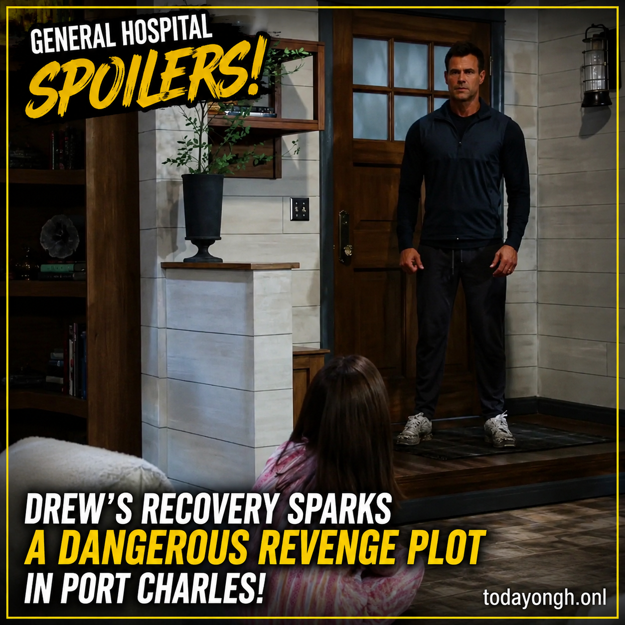 Drew standing from his wheelchair with an intense expression on General Hospital